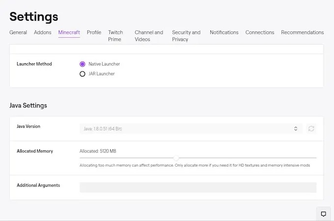 twitch launcher minecraft ram